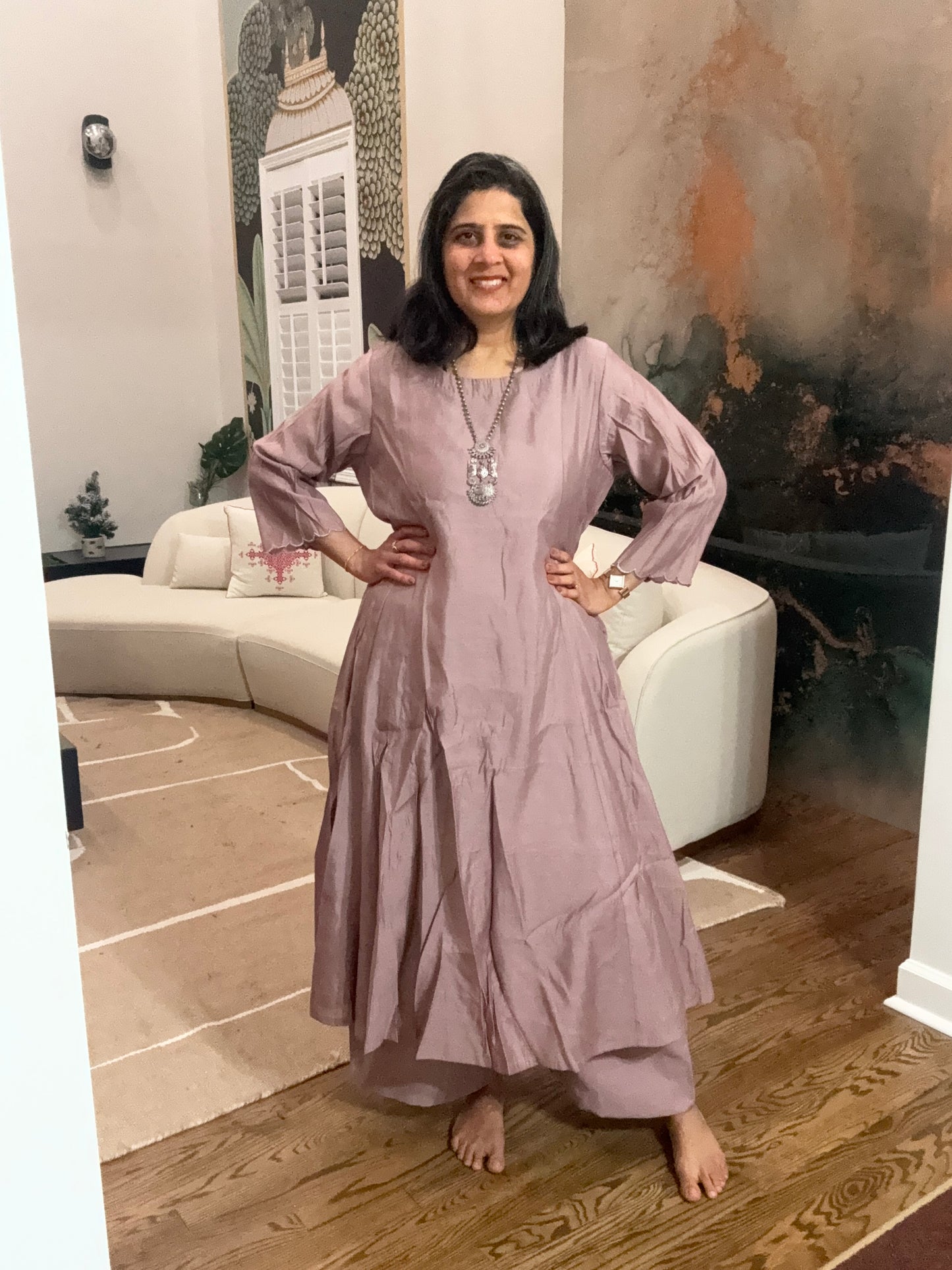 Size 3XL - 46 - Plain Anarkali Kurta and Pant Set - light brown