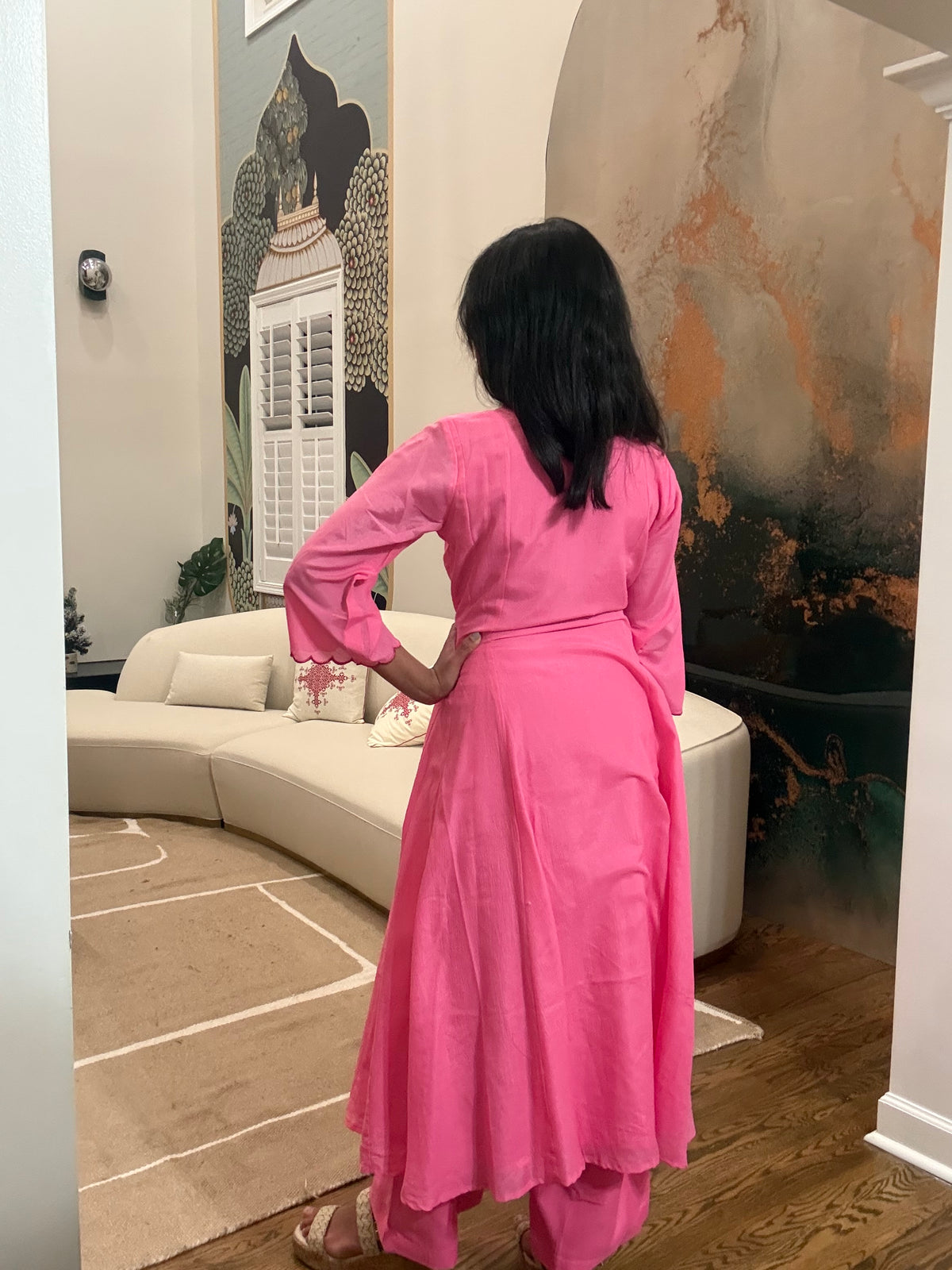Size S - 36 - Plain Anarkali Kurta and Pant Set - Bright Pink