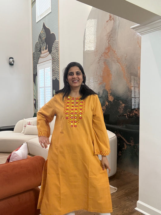Size 40 - Lambani Hand Embroidered Kurta - Mustard Yellow