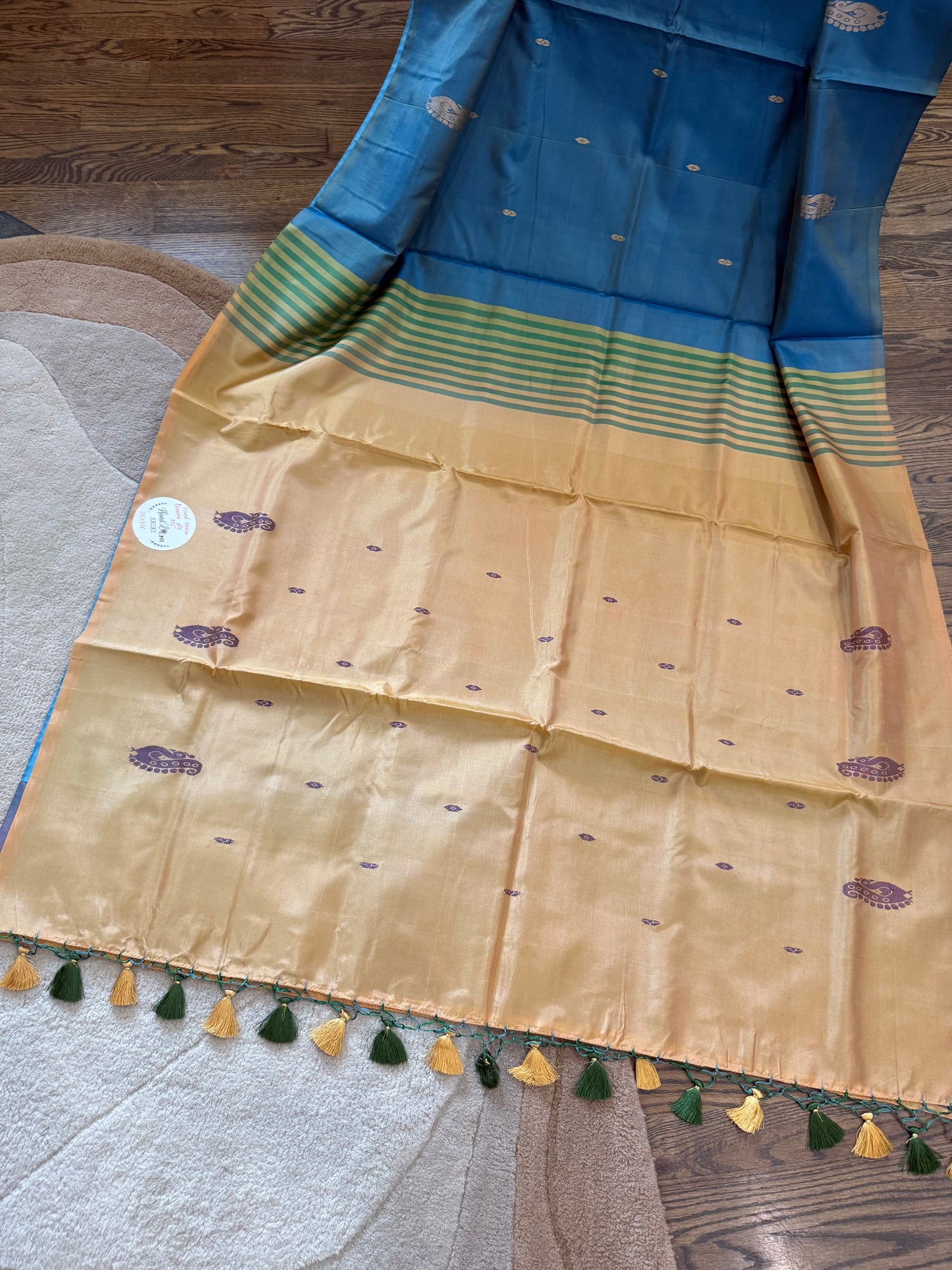 Banana Silk Saree - Ocean Blue with Sandy tan pallu