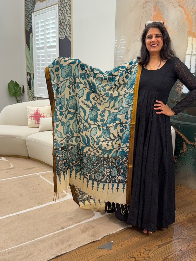 Kalamkari Dupatta - Peacock Blue
