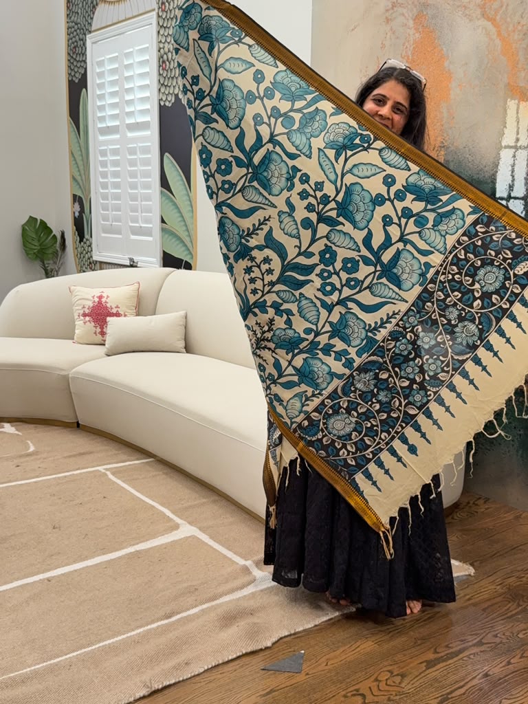 Kalamkari Dupatta - Peacock Blue