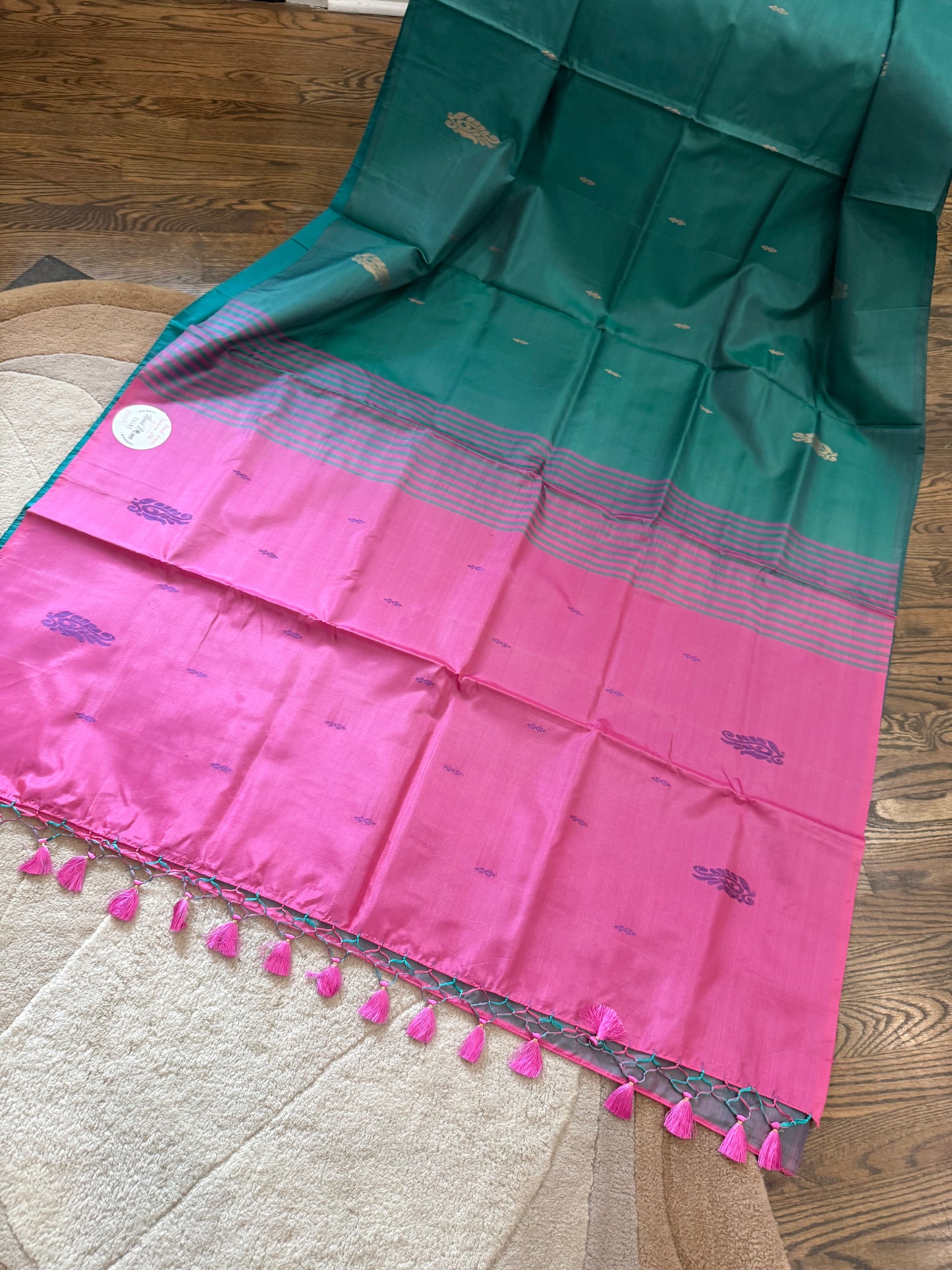Banana Silk Saree - Emerald Green with pink pallu