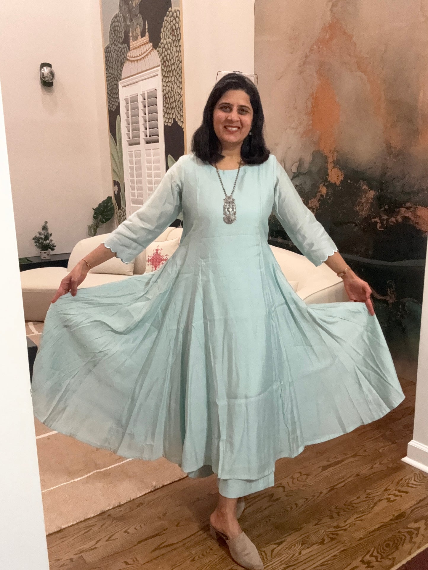 Size M - 38 - Plain Anarkali Kurta and Pant Set - Pastel Pistachio Green