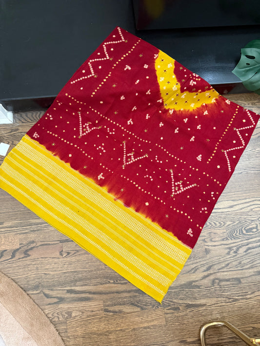 Hand Woven Bandhej Marino Sheep Wool Shawl - Lime Yellow/ Maroon