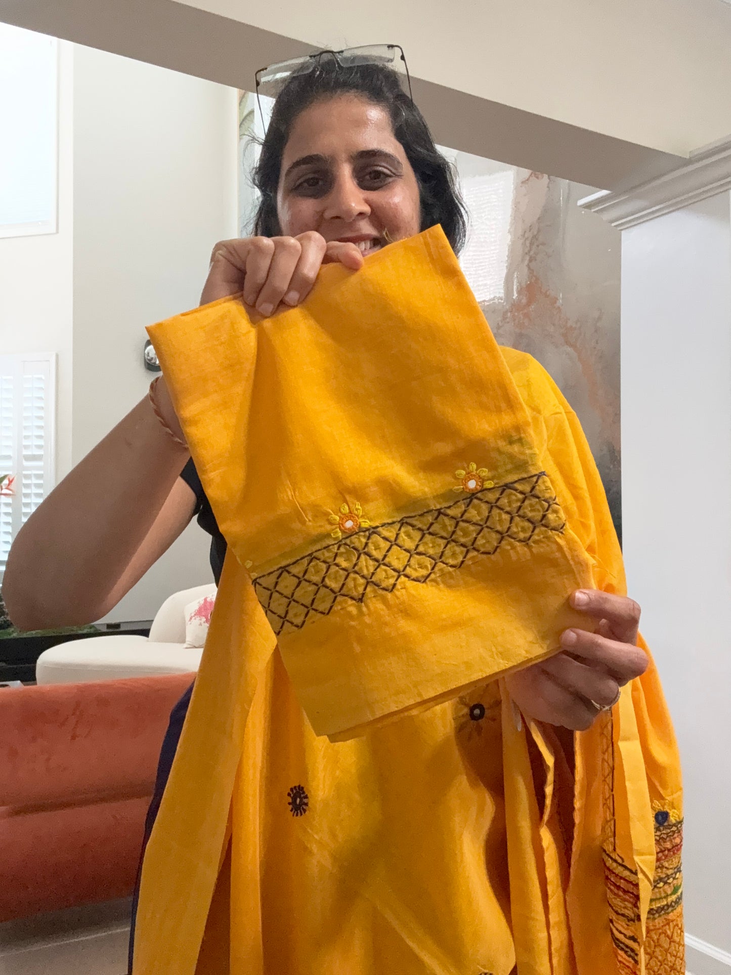 Hand embroidered Lambaani saree on Maheshwari Silk