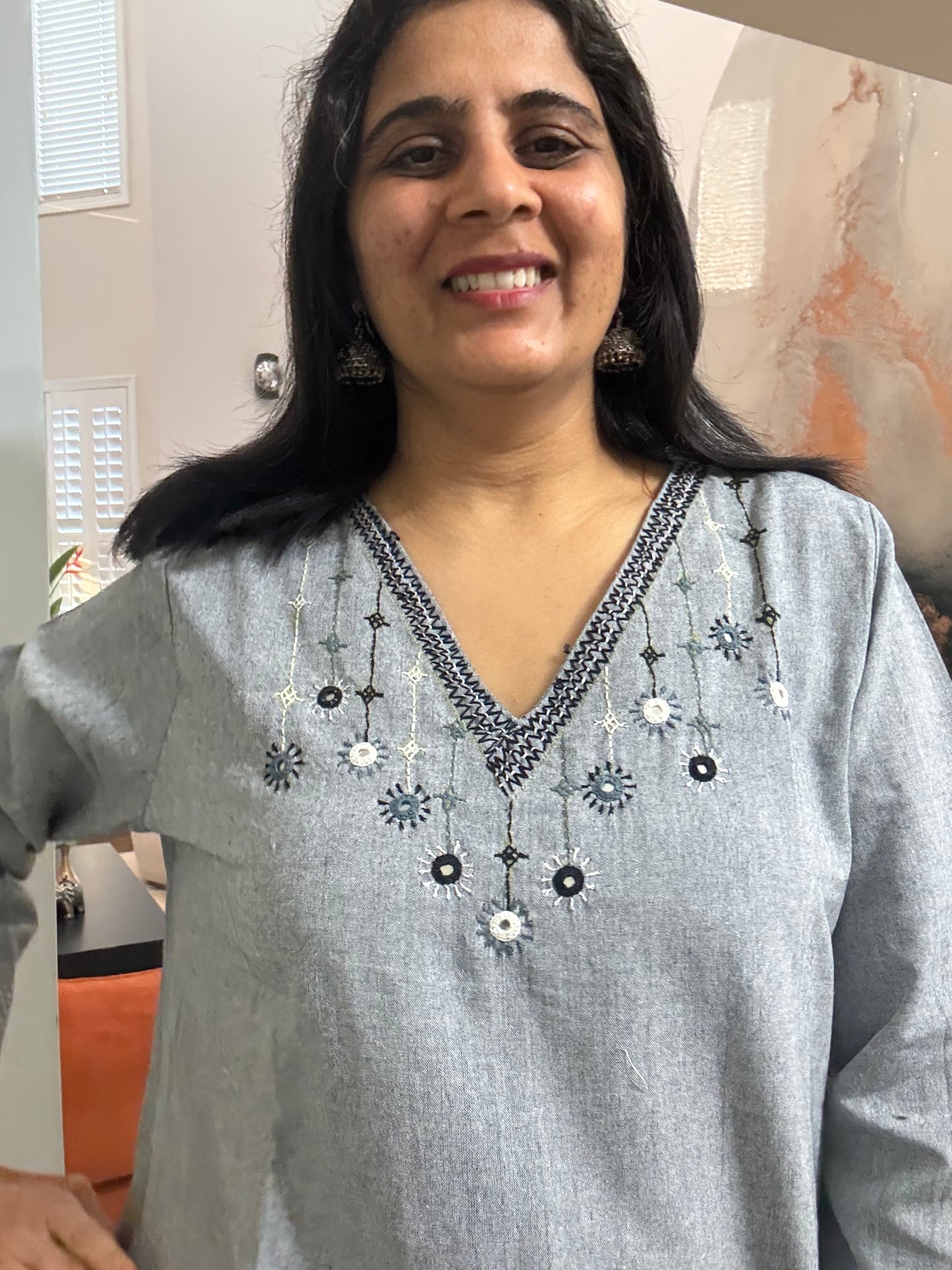 Size 40 - Lambani Hand Embroidered Kurta - Navy Gray