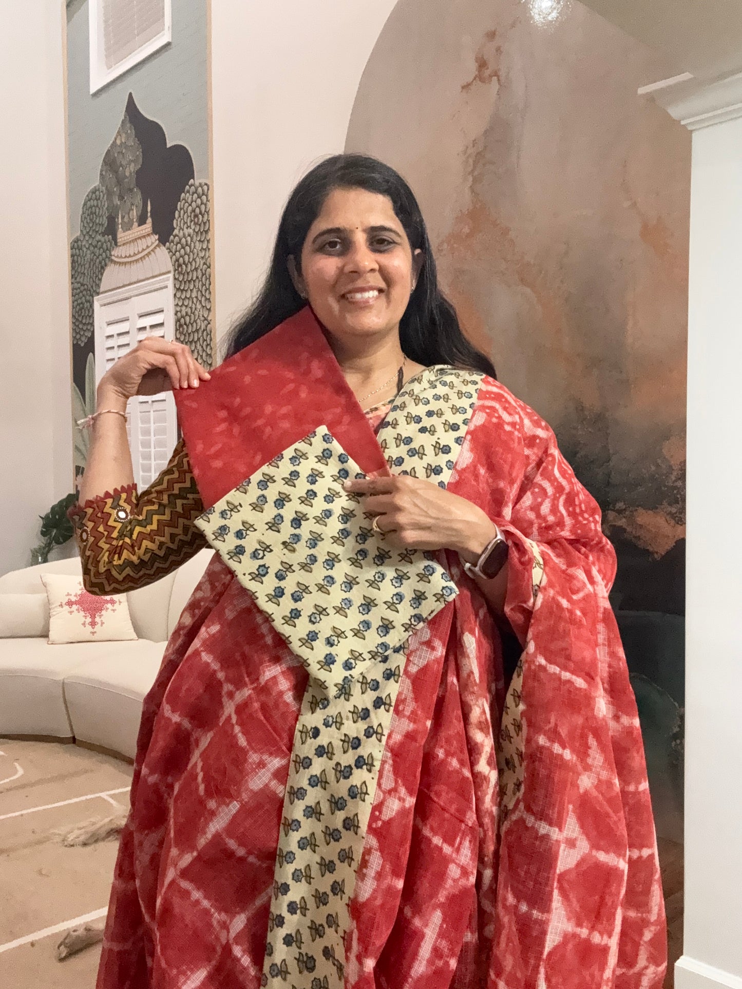 Hand Block Printed kota Saree with Ajarakh border