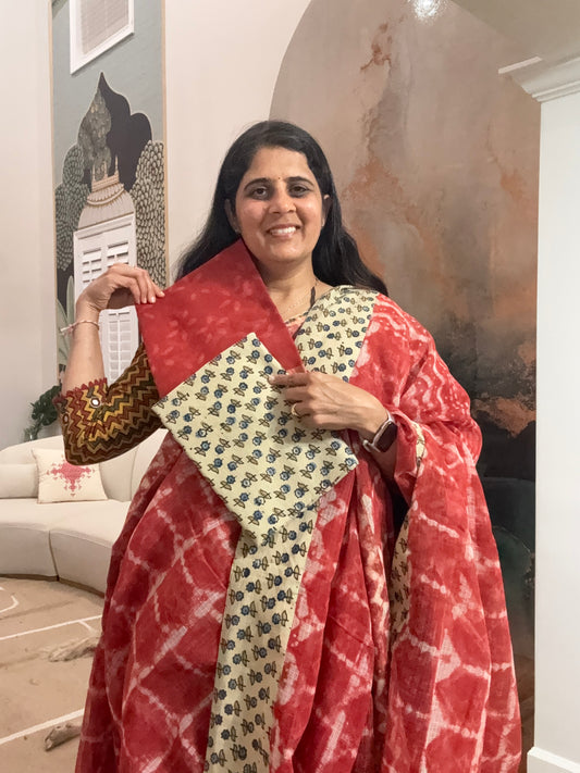 Hand Block Printed kota Saree with Ajarakh border