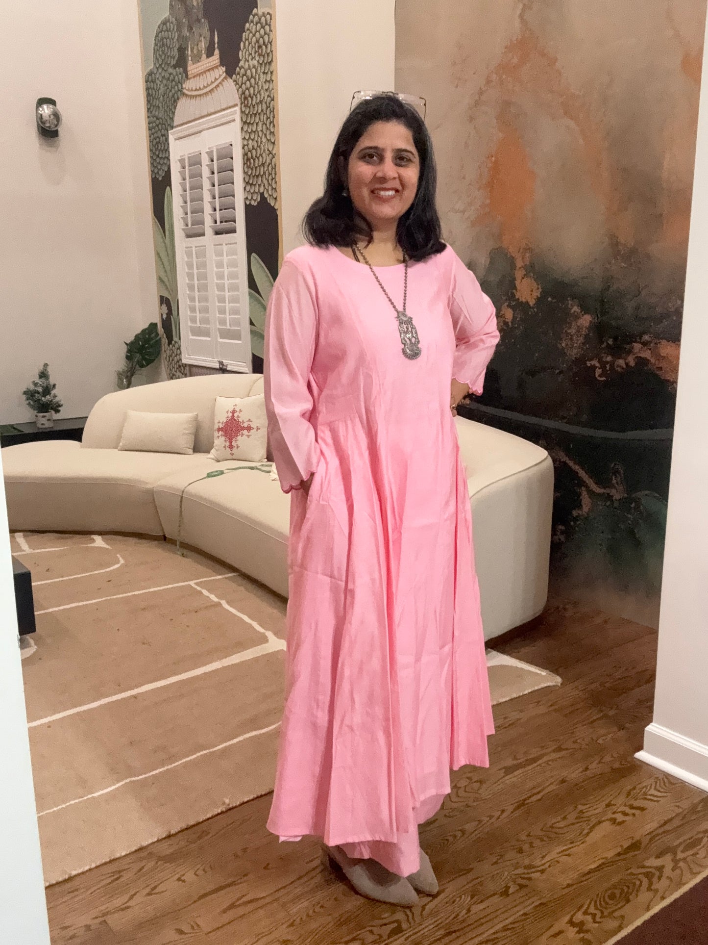 Size L - 40 - Plain Anarkali Kurta and Pant Set - Bubblegum Pink