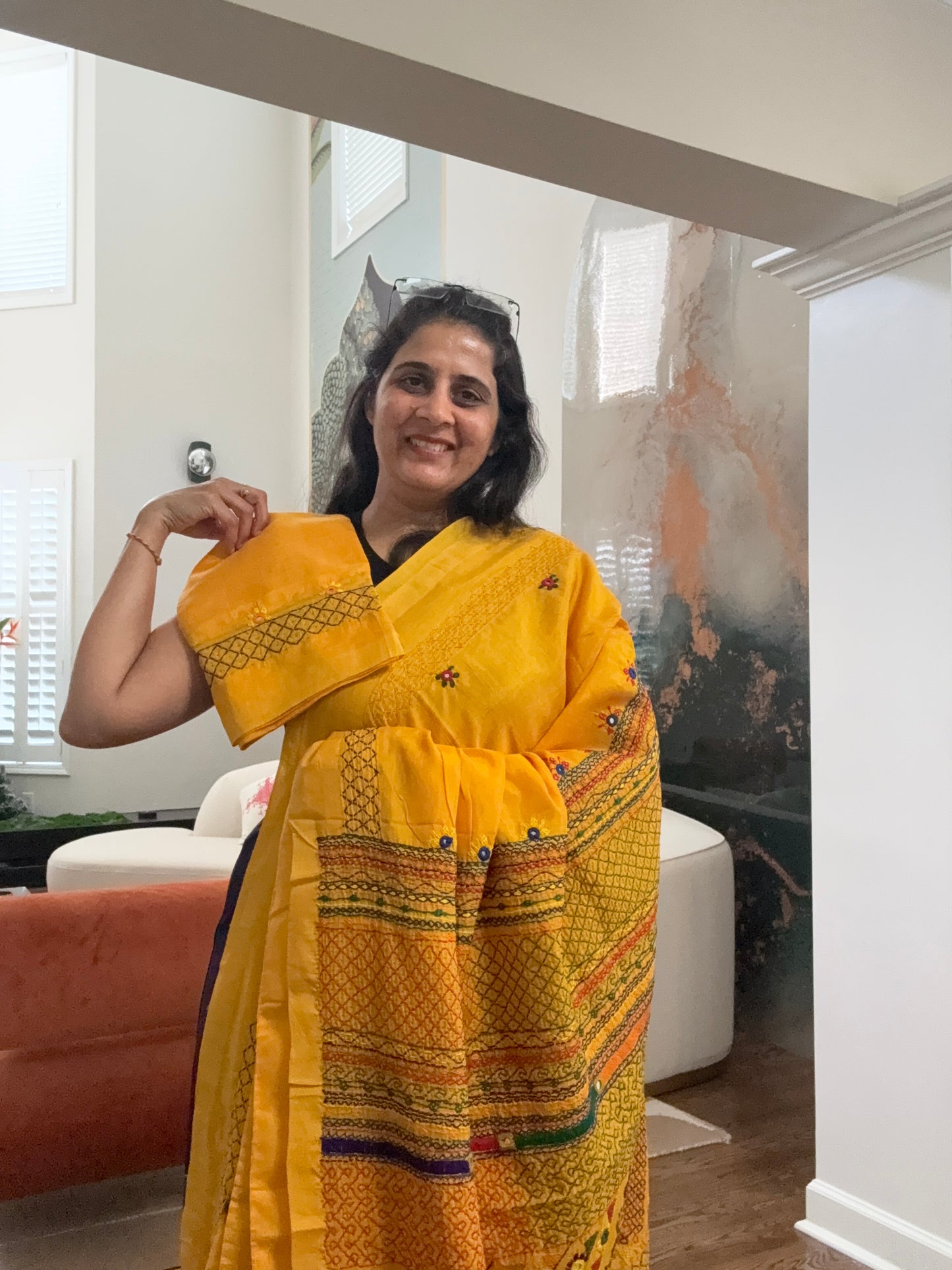 Hand embroidered Lambaani saree on Maheshwari Silk