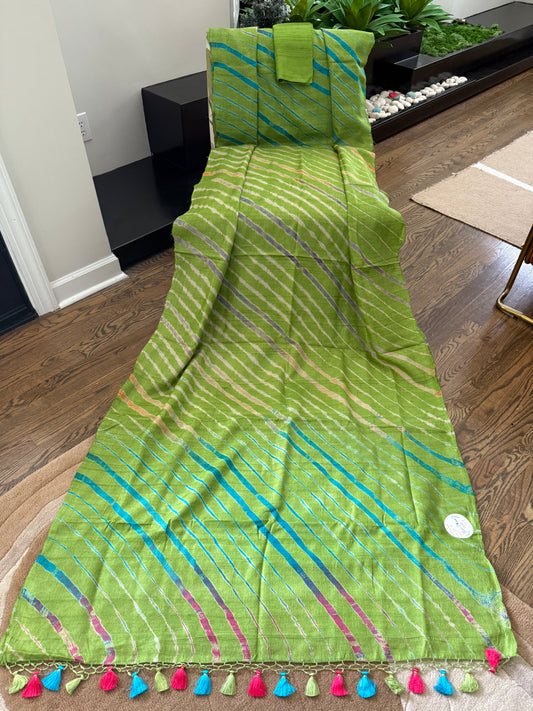 Handcrafted Leheriya on Handwoven Tussar - Lime Green