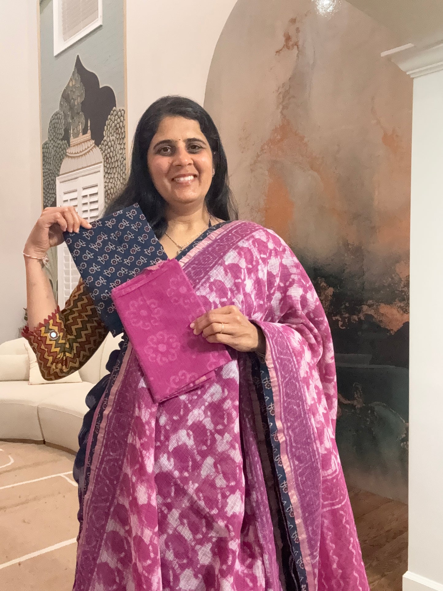 Hand Block Printed kota Saree with Ajarakh border
