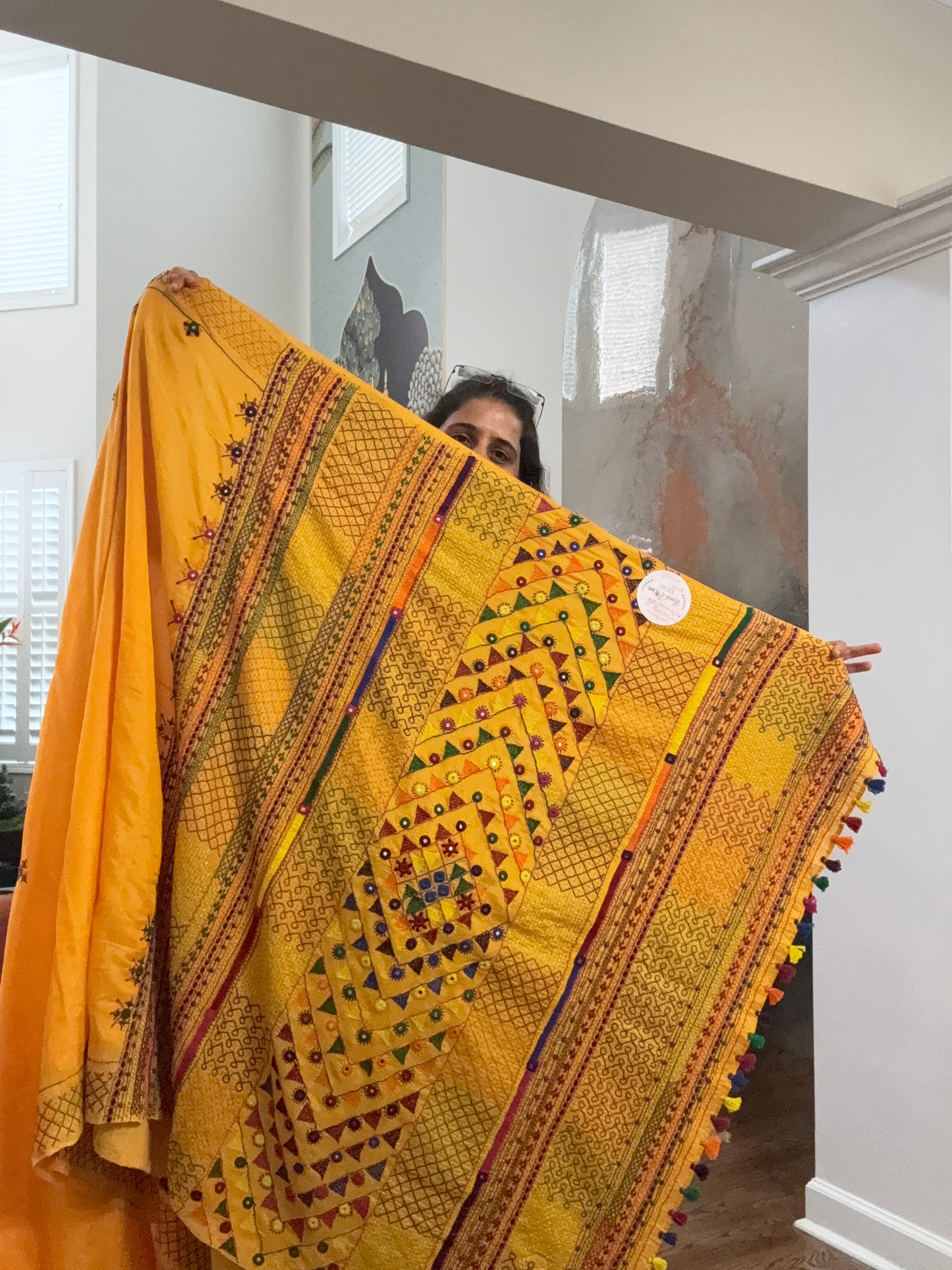 Hand embroidered Lambaani saree on Maheshwari Silk