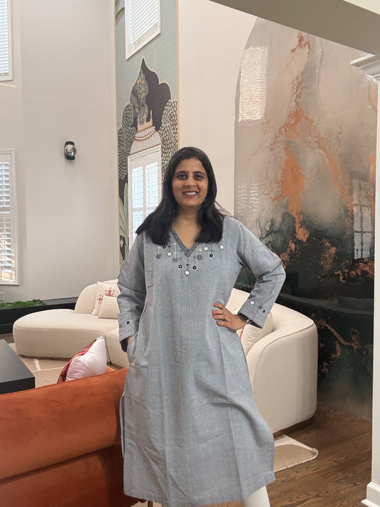 Size 40 - Lambani Hand Embroidered Kurta - Navy Gray