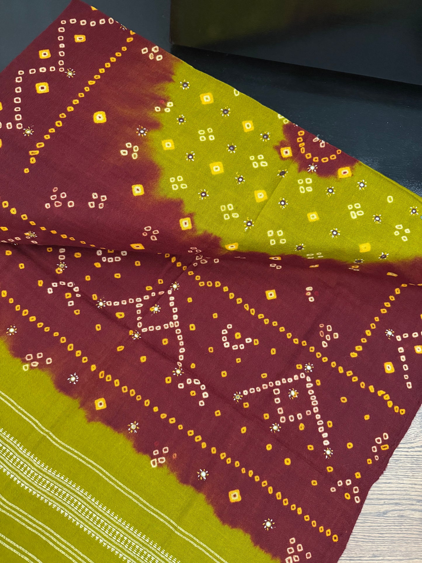 Hand Woven Bandhej Marino Sheep Wool Shawl - Olive Green/ Maroon