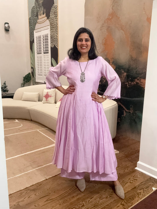 Size L - 40 - Plain Anarkali Kurta and Pant Set - Pastel Mouve