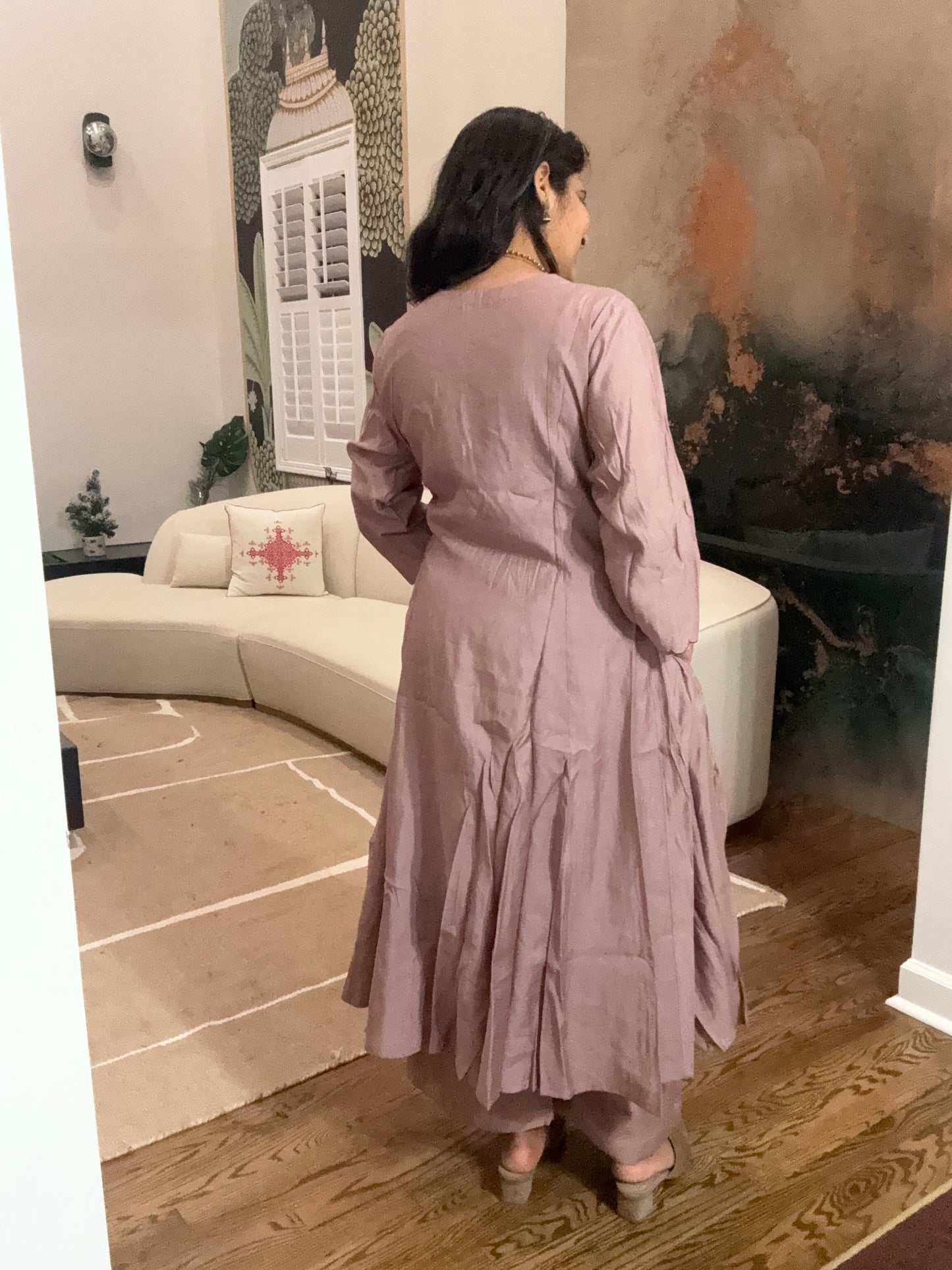 Size 3XL - 46 - Plain Anarkali Kurta and Pant Set - light brown