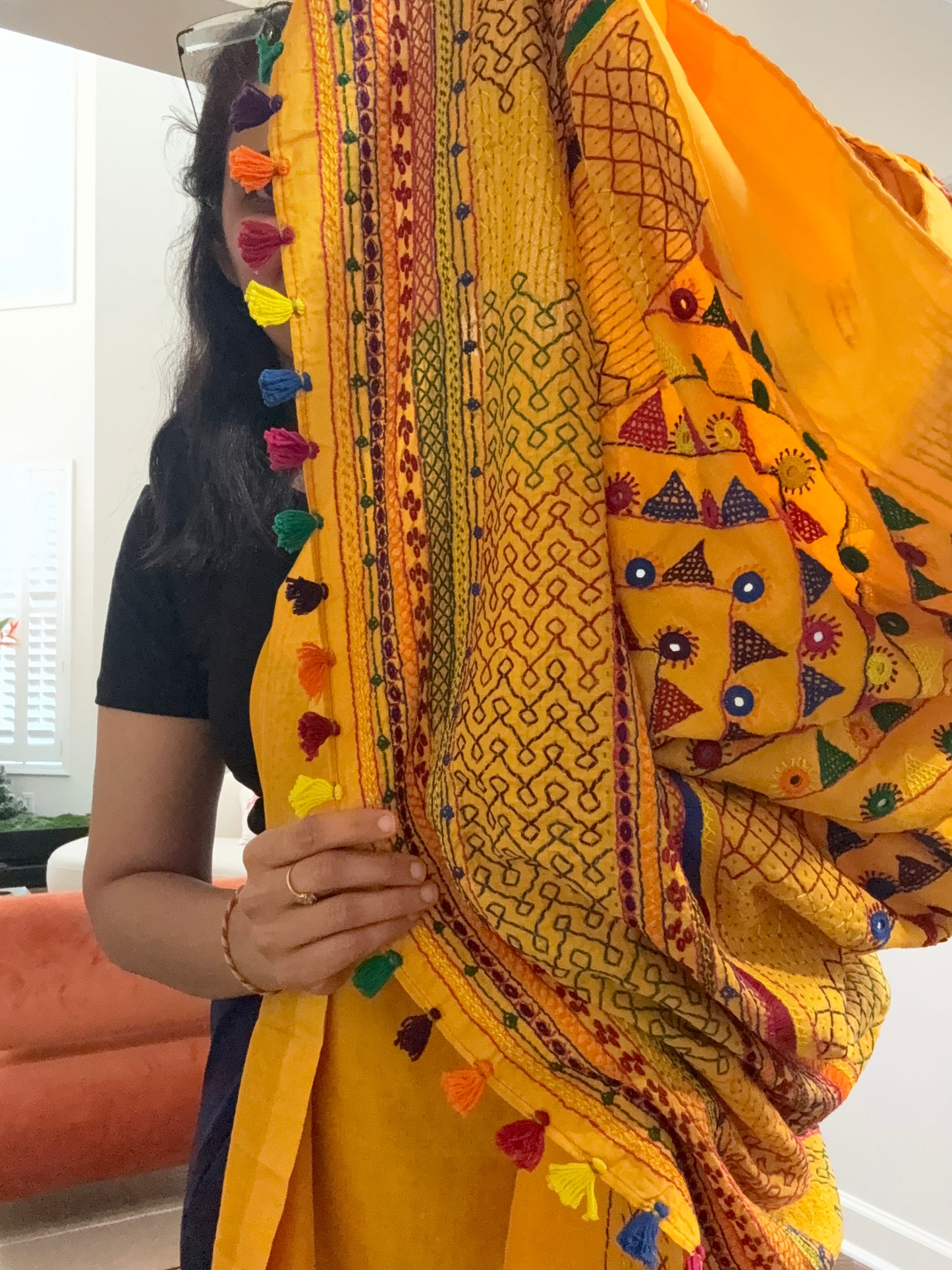 Hand embroidered Lambaani saree on Maheshwari Silk