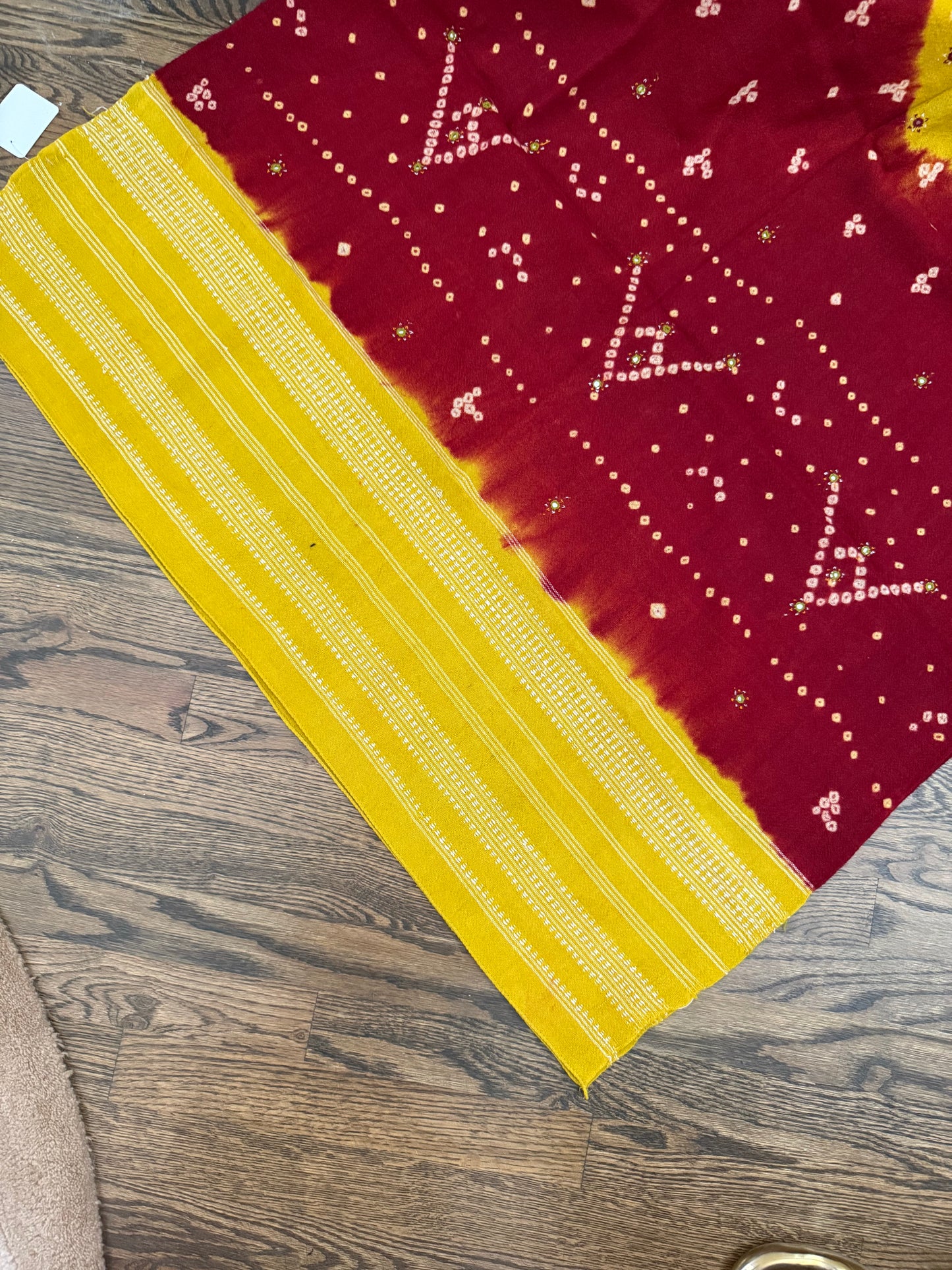 Hand Woven Bandhej Marino Sheep Wool Shawl - Lime Yellow/ Maroon