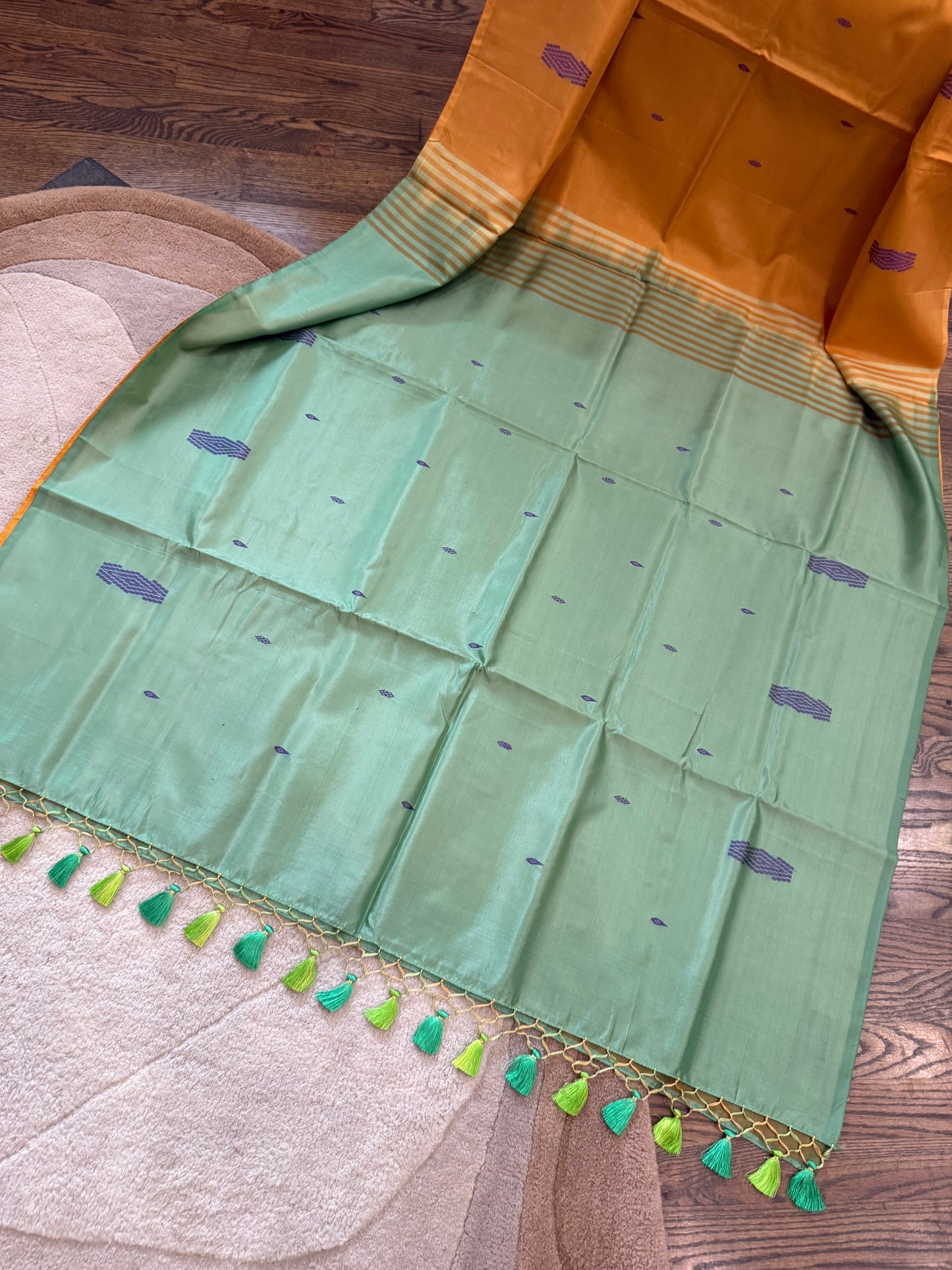 Banana Silk Saree - Gold with Pestle Green Pallu