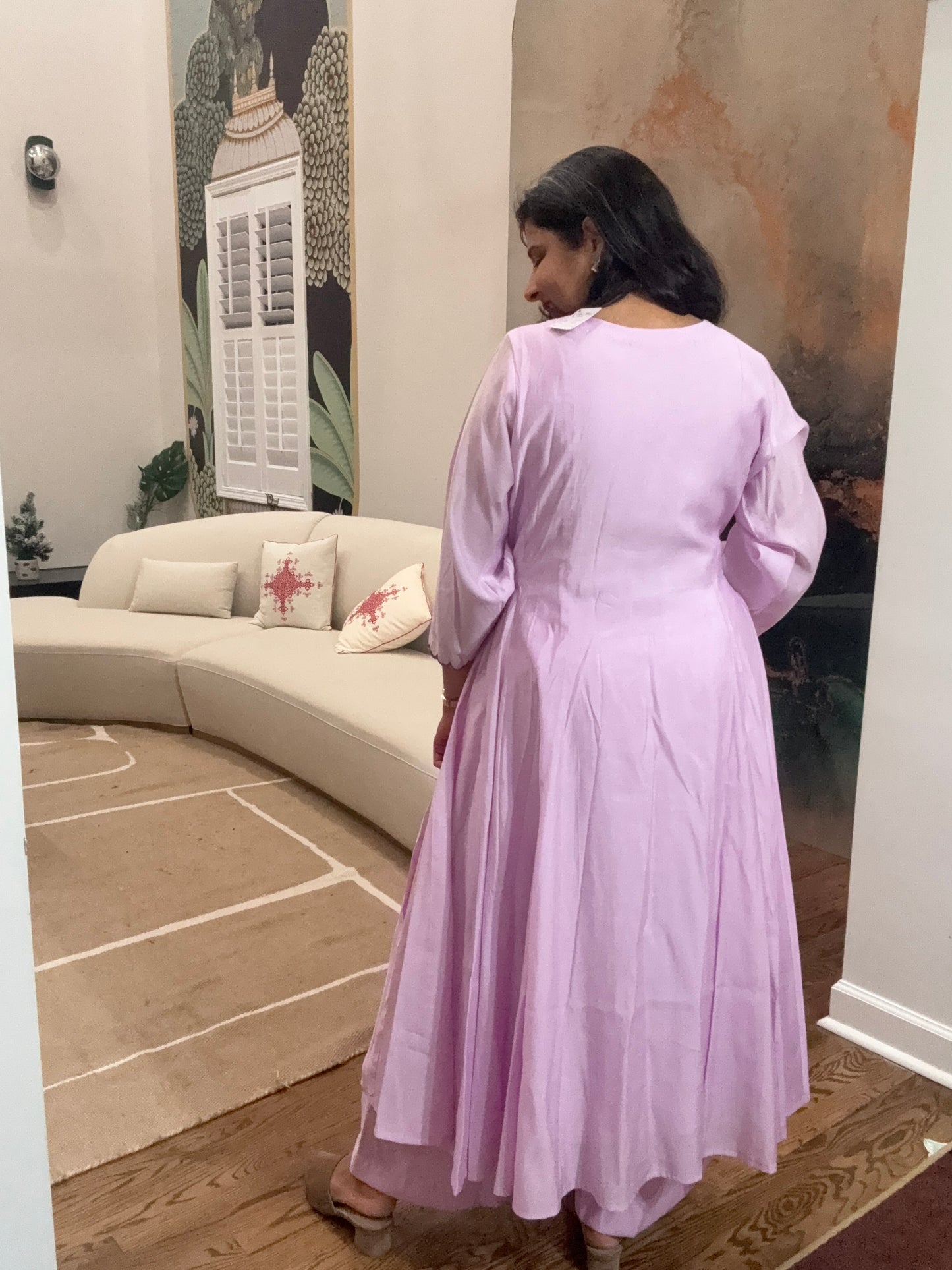 Size L - 40 - Plain Anarkali Kurta and Pant Set - Pastel Mouve