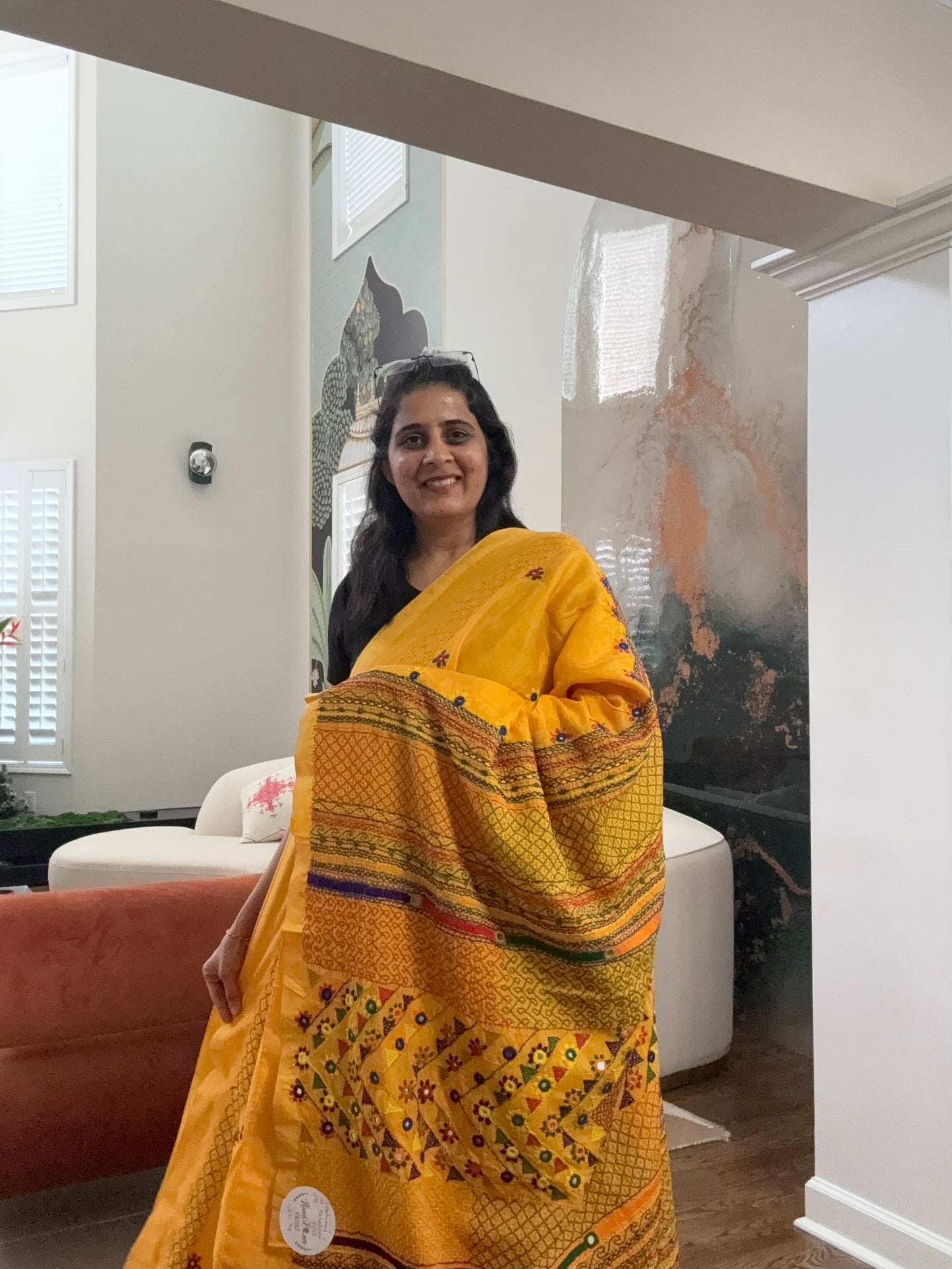 Hand embroidered Lambaani saree on Maheshwari Silk