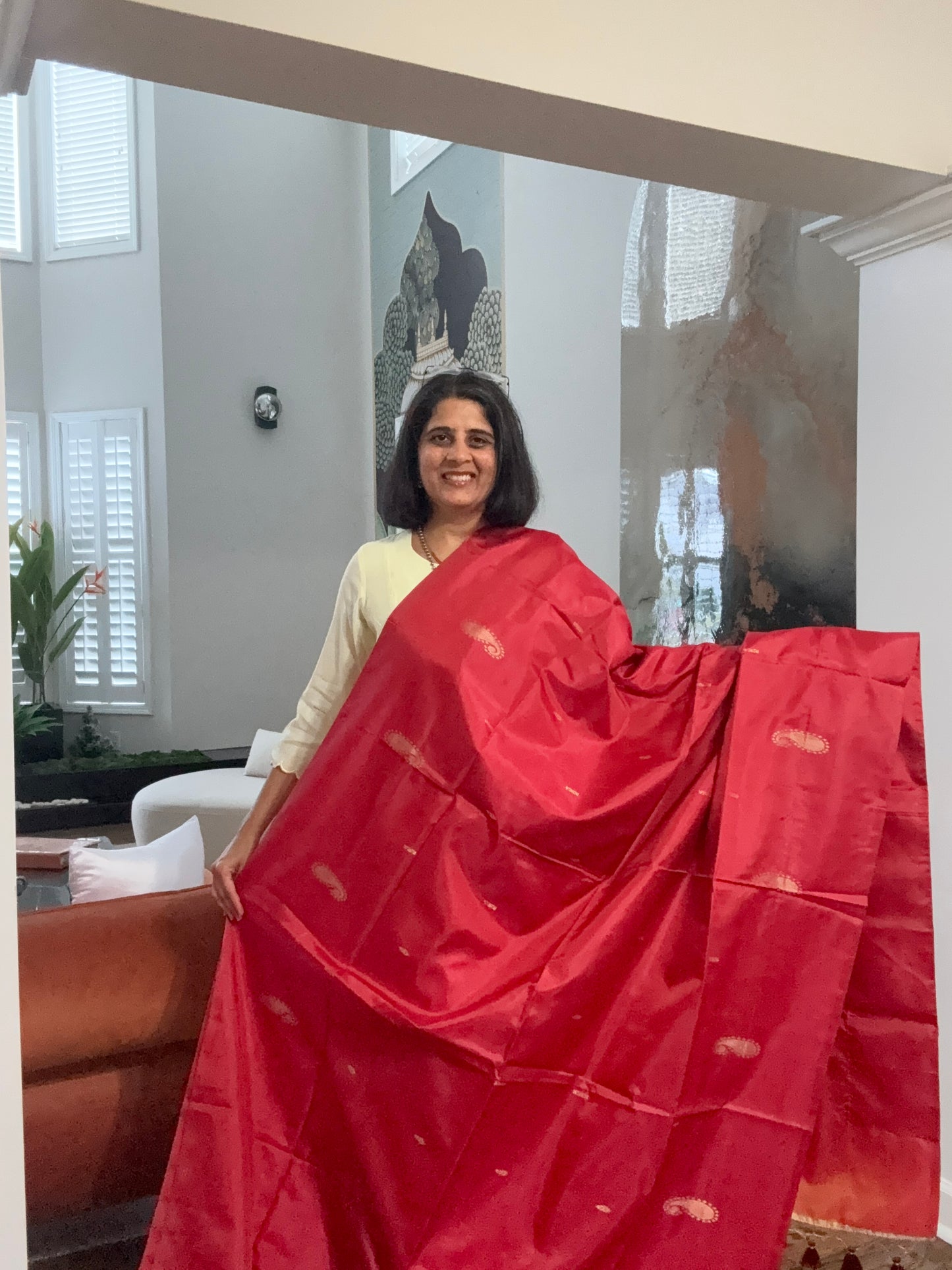 Banana Silk Saree - Bright Red with golden Pallu