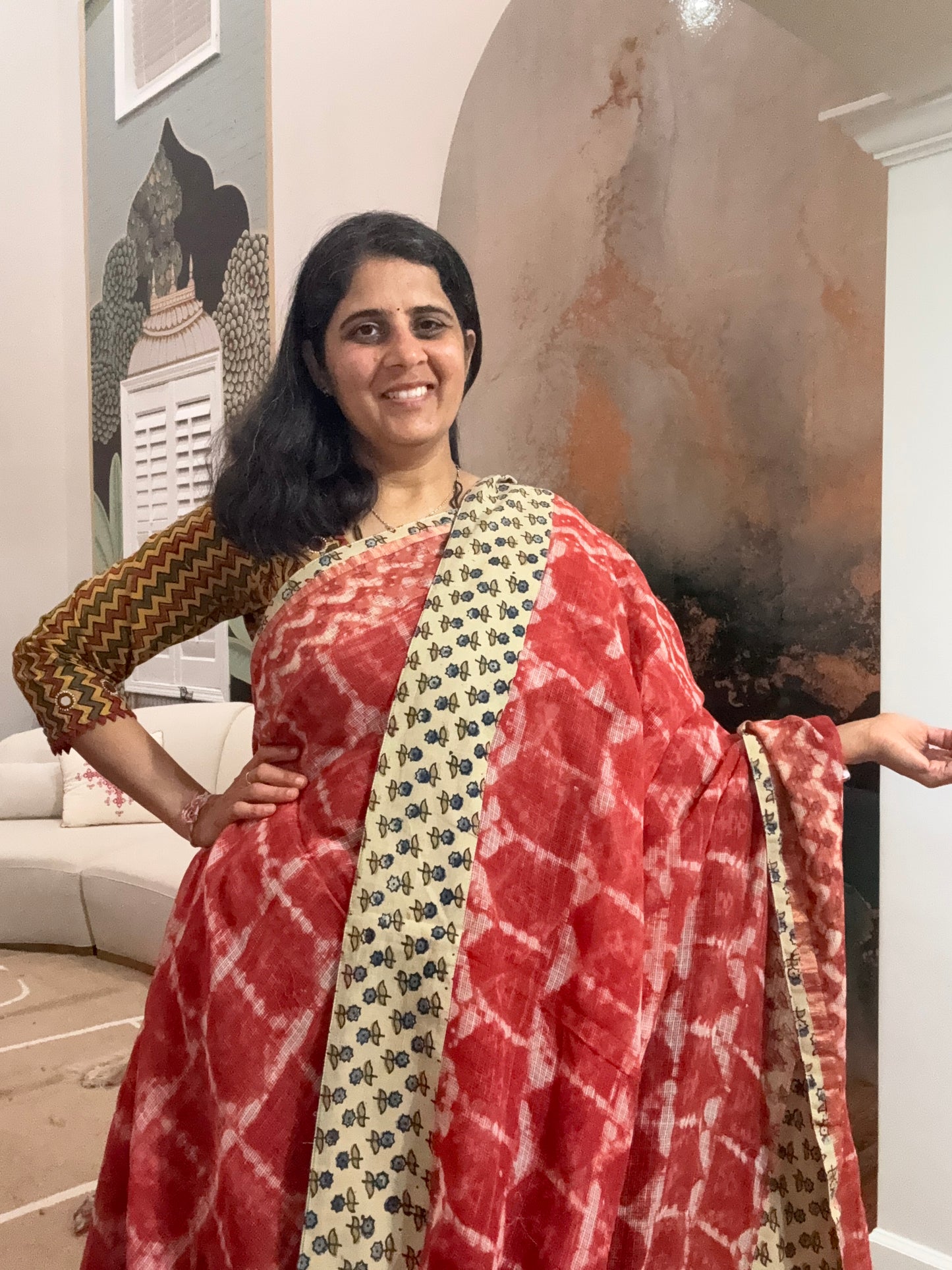 Hand Block Printed kota Saree with Ajarakh border
