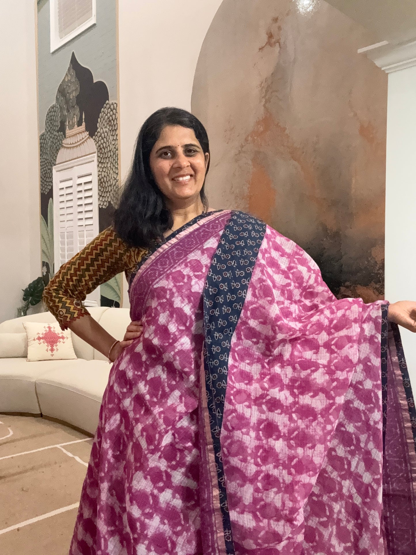 Hand Block Printed kota Saree with Ajarakh border