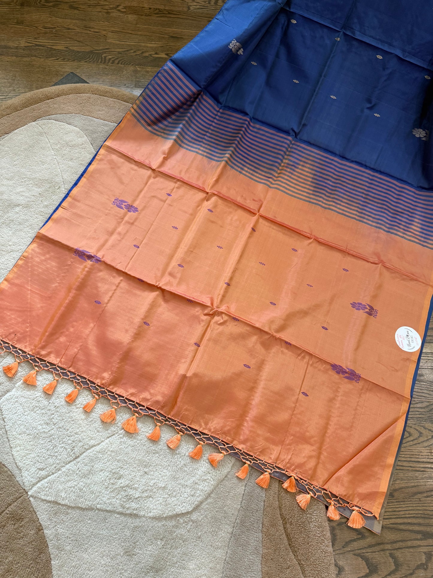 Banana Silk Saree - Cobalt blue with peach pallu