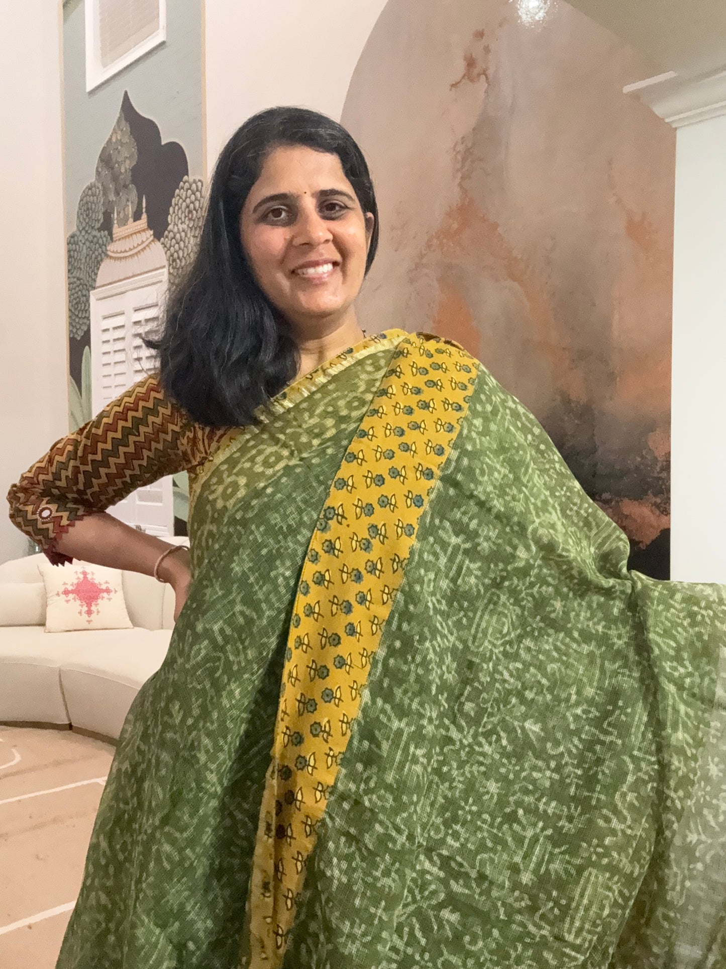 Hand Block Printed kota Saree with Ajarakh border