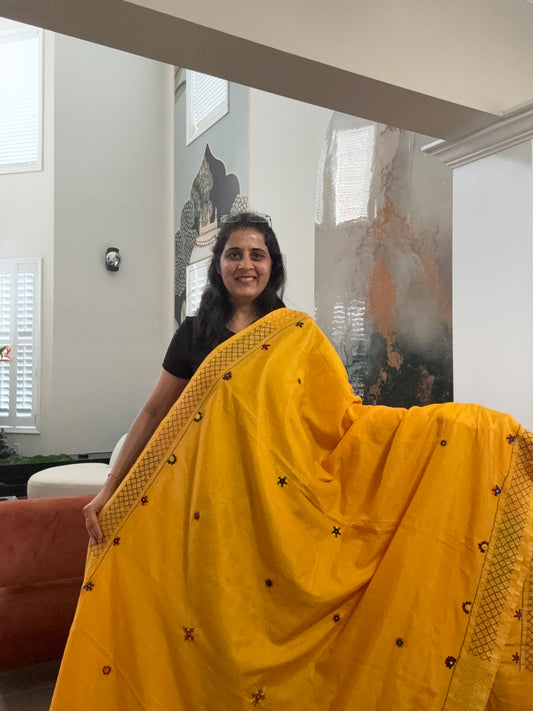 Hand embroidered Lambaani saree on Maheshwari Silk