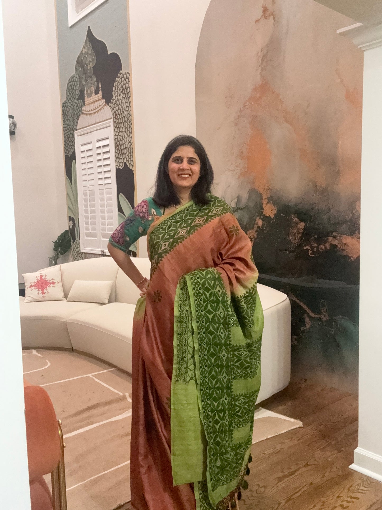 Gujarati Hand Embroidery Saree on Tusser silk