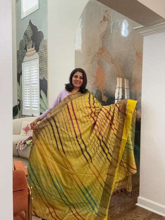 Hand tied laheriya Saree on Tusser - Yellow
