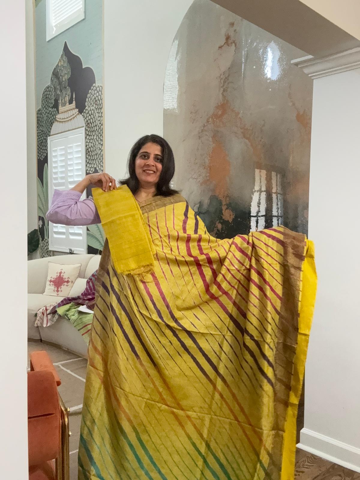 Hand tied laheriya Saree on Tusser - Yellow