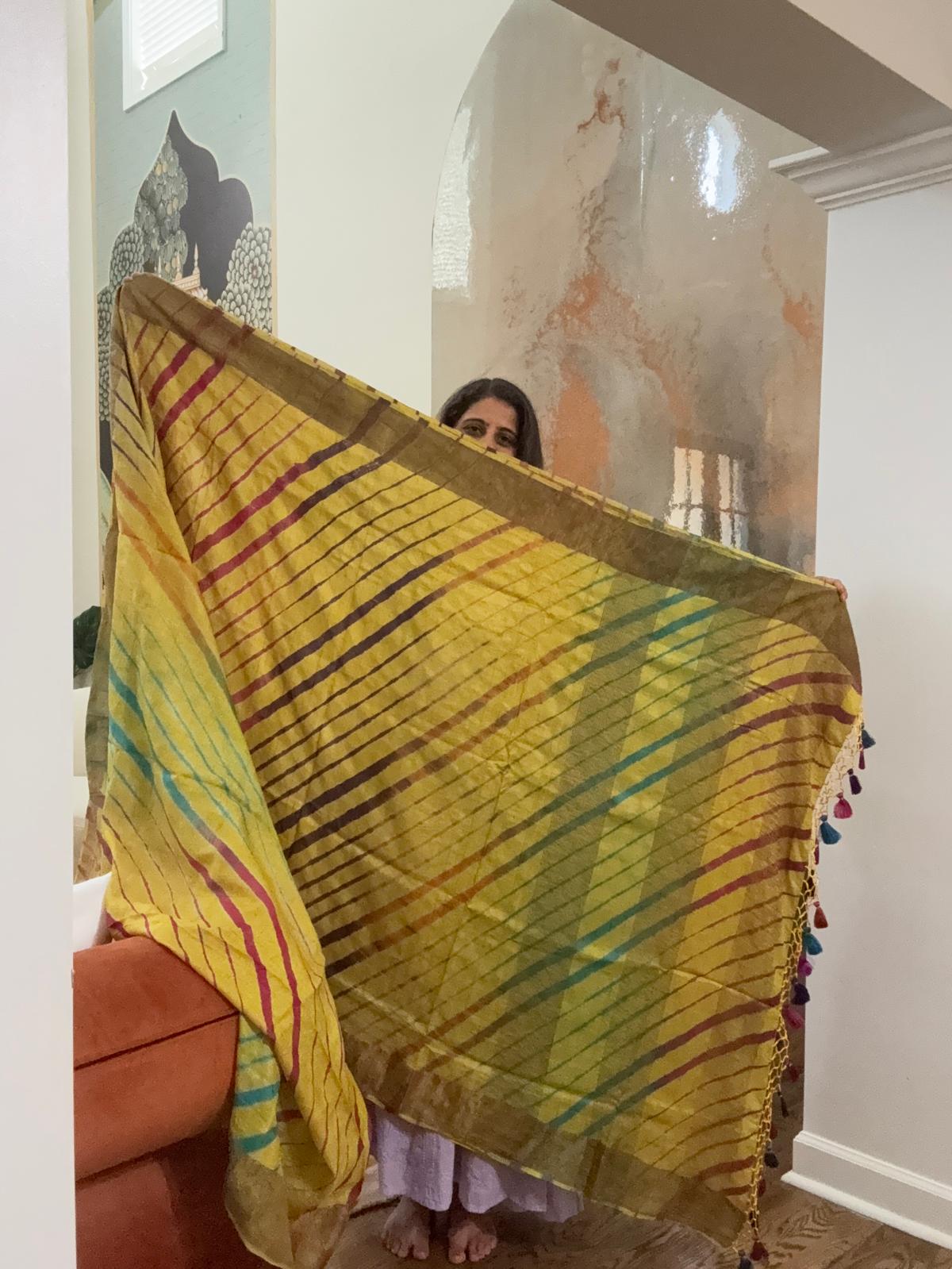Hand tied laheriya Saree on Tusser - Yellow