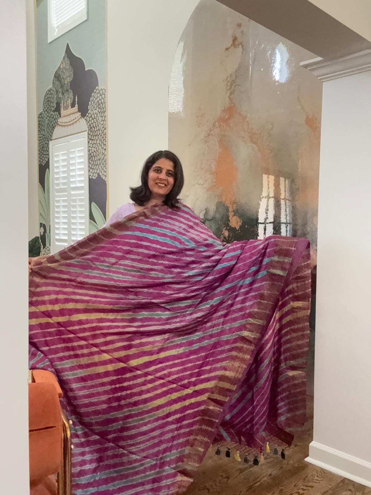 Hand tied laheriya Saree on Tusser - Grape Wine