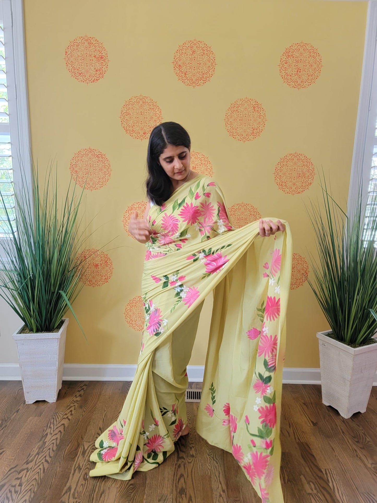 Hand Painted floral Saree on Crape Silk