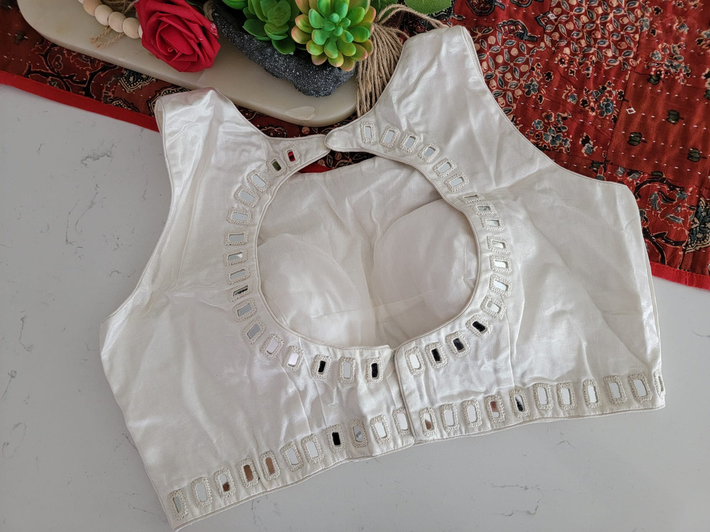 Mirror Work Blouse on Mashru Silk- White
