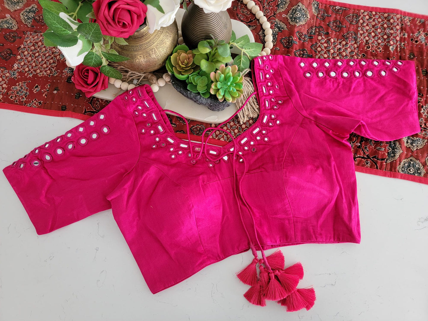 Mirror Work Blouse on Mashru Silk- Pink