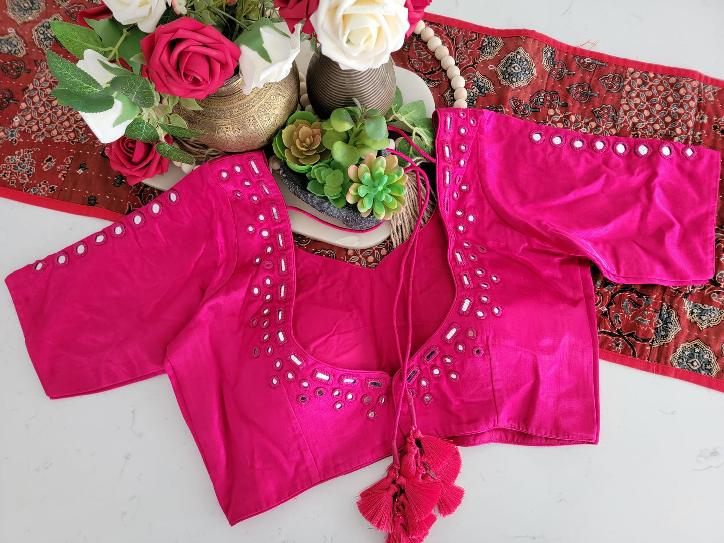 Mirror Work Blouse on Mashru Silk- Pink