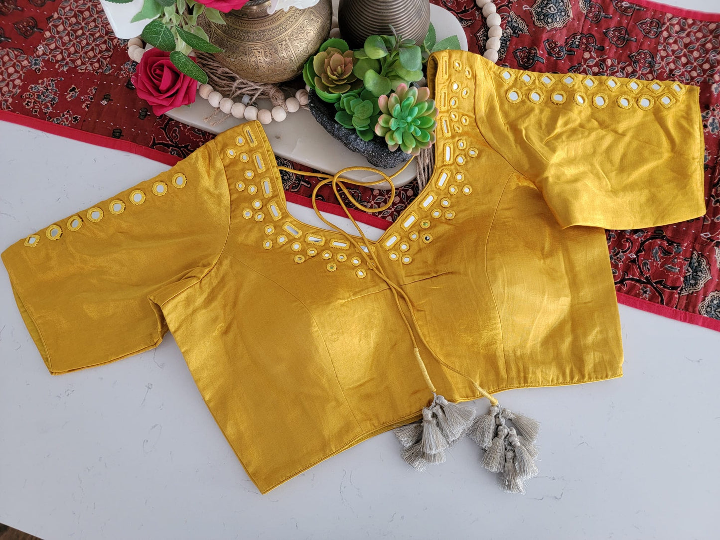 Mirror Work Blouse on Mashru Silk- Mustard Yellow