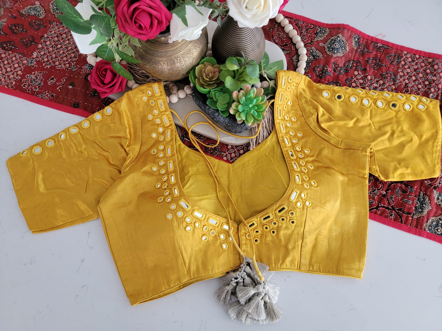 Mirror Work Blouse on Mashru Silk- Mustard Yellow