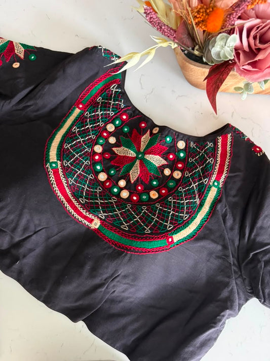 Size 44 - Hand Embroidery Lambani Blouse on Cotton - Black