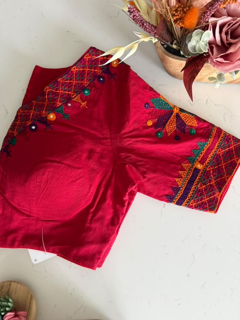 Size 40 - Hand Embroidery Lambani Blouse on Cotton - Red
