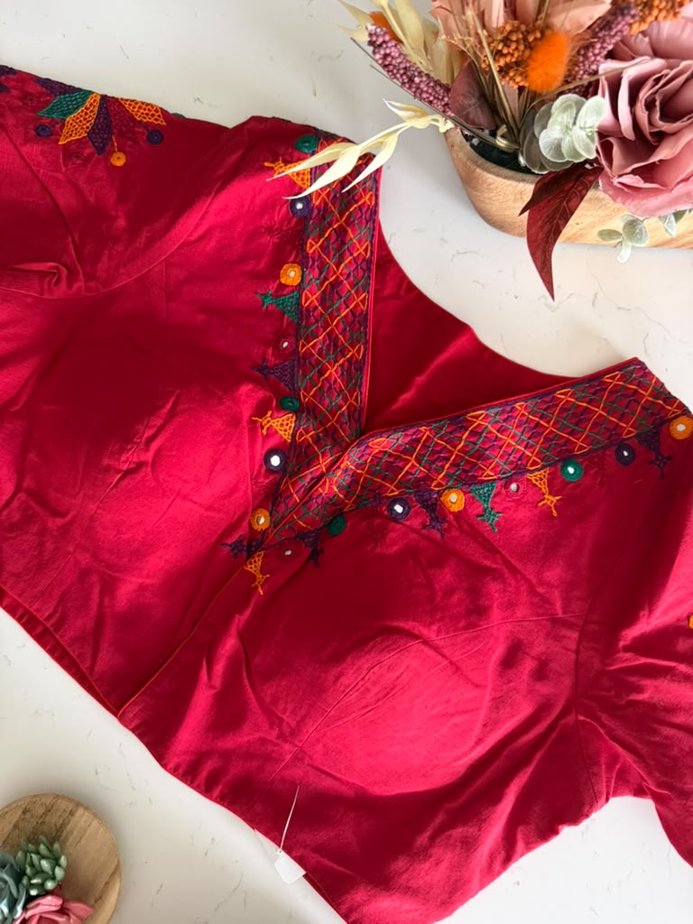 Size 40 - Hand Embroidery Lambani Blouse on Cotton - Red
