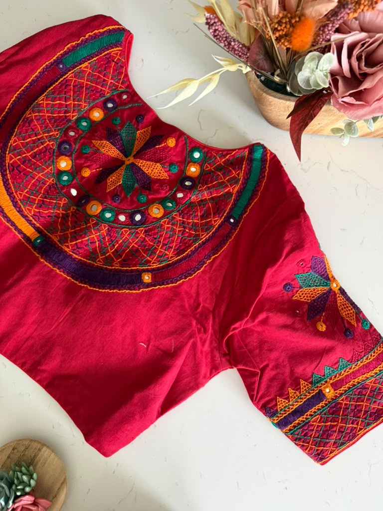 Size 44 - Hand Embroidery Lambani Blouse on Cotton - Red