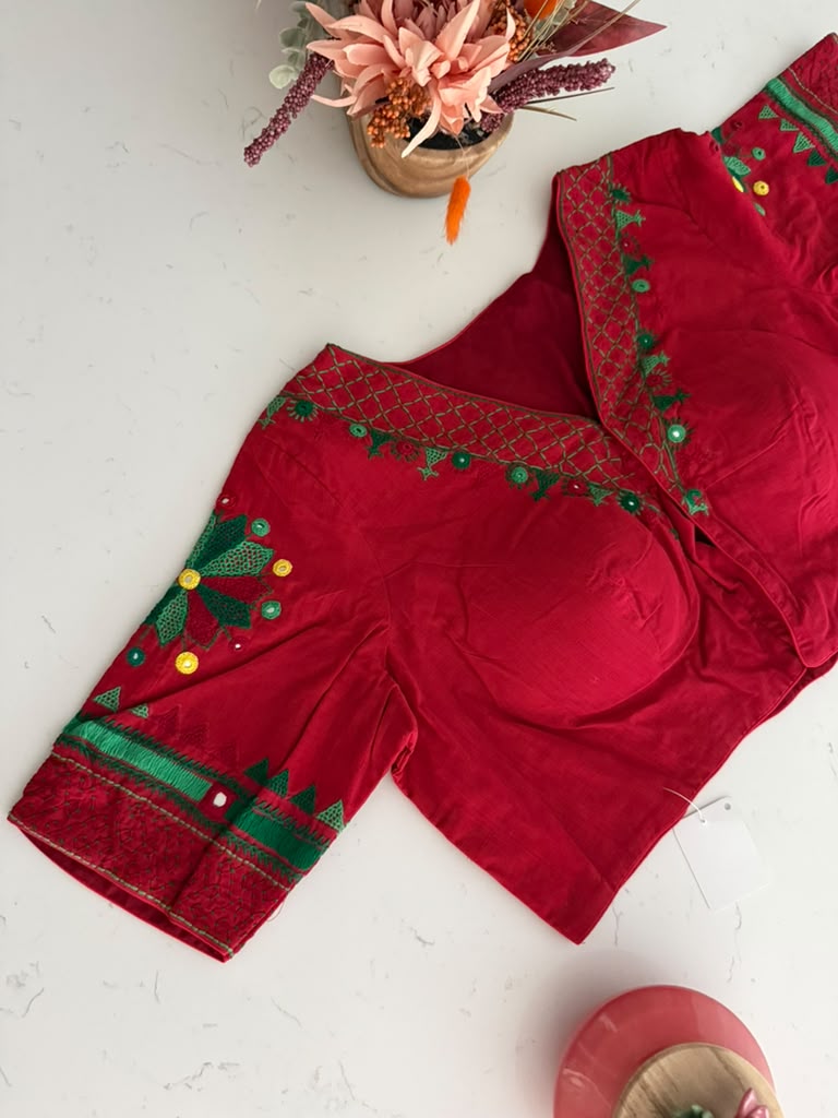 Size 44 - Hand Embroidery Lambani Blouse on Cotton - Red