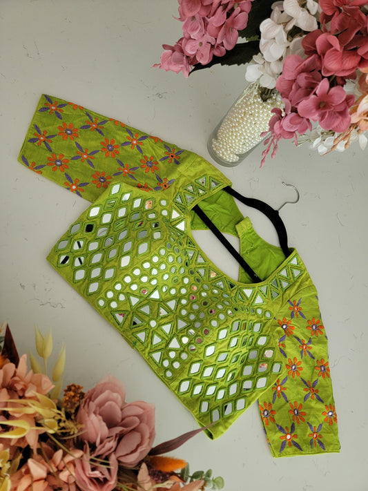 Size 38 - hand embroidered Mirror Work & Kutchhi embroidey blouse - Fennel Green